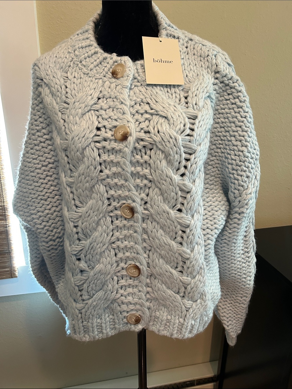 böhme Pale Blue Chunky Cable Cardigan with Buttons